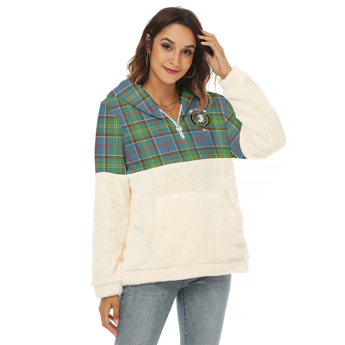 Colville Tartan Women's Borg Fleece Hoodie With Half Zip with Family Crest Female - Tartan Vibes Clothing