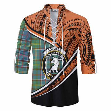 Colville Crest Tartan Ghillie Kilt Shirt with Polynesian Vibes Style - Orange Version