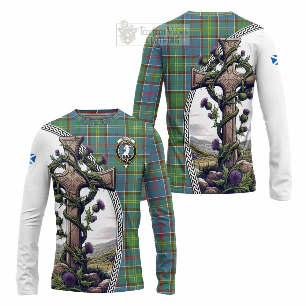 Tartan Vibes Clothing Colville Tartan Long Sleeve T-Shirt with Family Crest and St. Andrew's Cross Accented by Thistle Vines