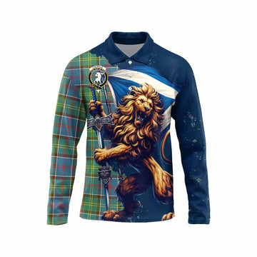 Colville Tartan Family Crest Long Sleeve Polo Shirt with Scottish Majestic Lion