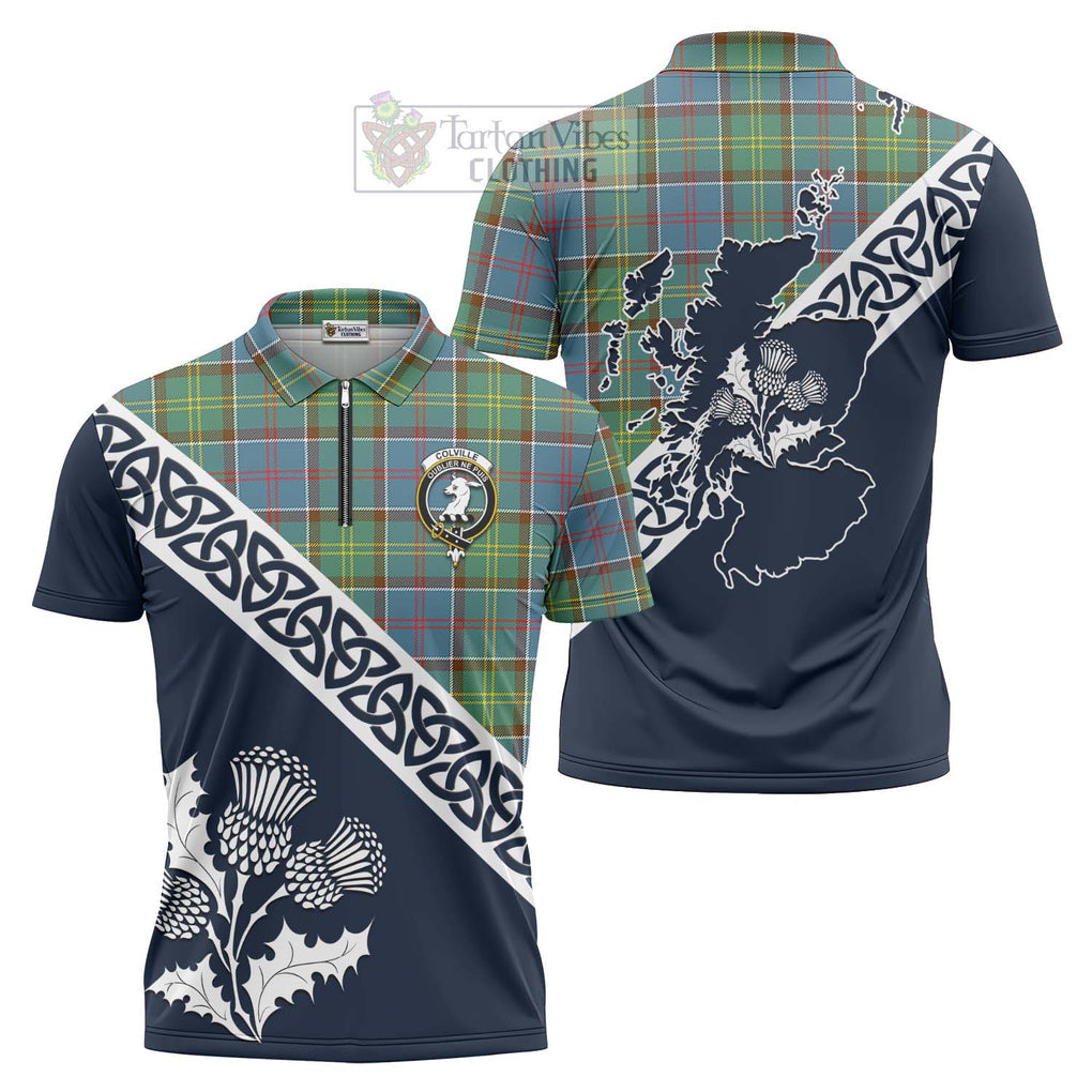 Tartan Vibes Clothing Colville Tartan Zipper Polo Shirt Featuring Thistle and Scotland Map