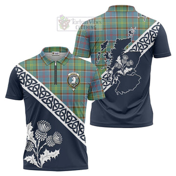 Colville Tartan Zipper Polo Shirt Featuring Thistle and Scotland Map