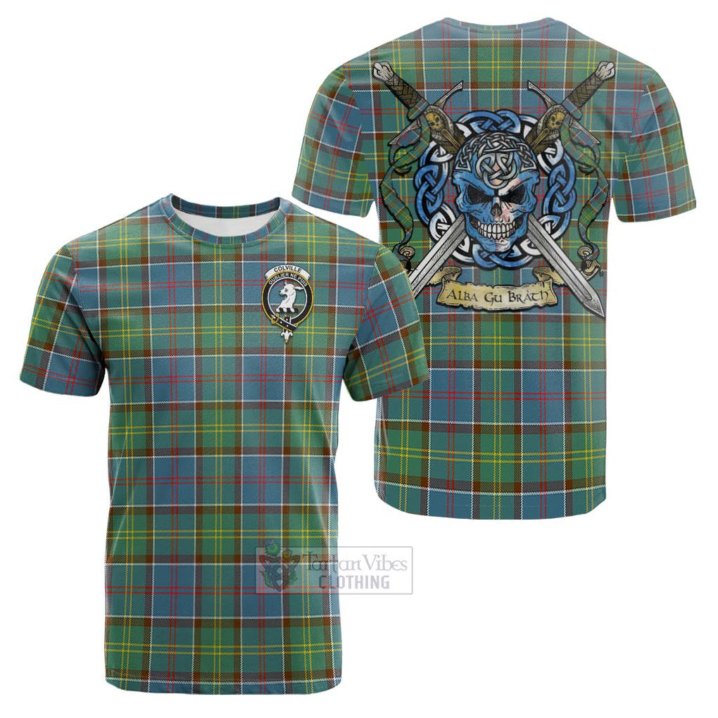 Tartan Vibes Clothing Colville Tartan Cotton T-shirt with Family Crest Celtic Skull Style