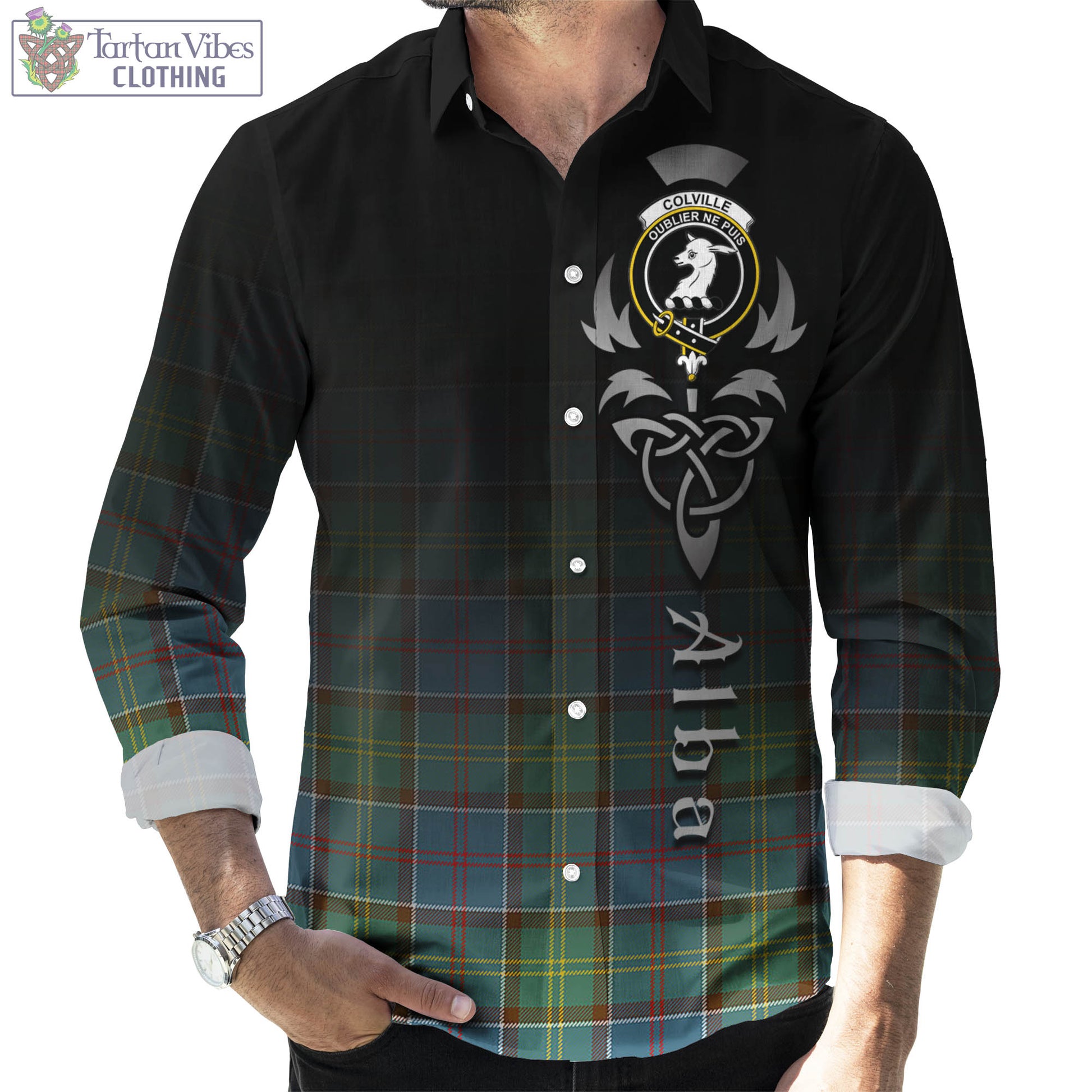 Tartan Vibes Clothing Colville Tartan Long Sleeve Button Up Featuring Alba Gu Brath Family Crest Celtic Inspired