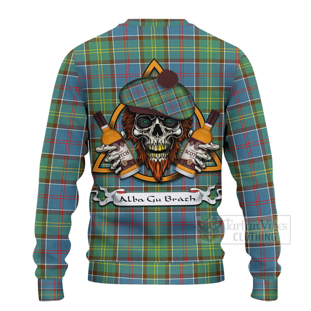 Tartan Vibes Clothing Colville Tartan Knitted Sweater with Family Crest and Bearded Skull Holding Bottles of Whiskey