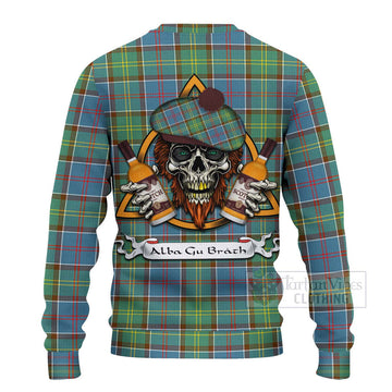 Colville Tartan Ugly Sweater with Family Crest and Bearded Skull Holding Bottles of Whiskey