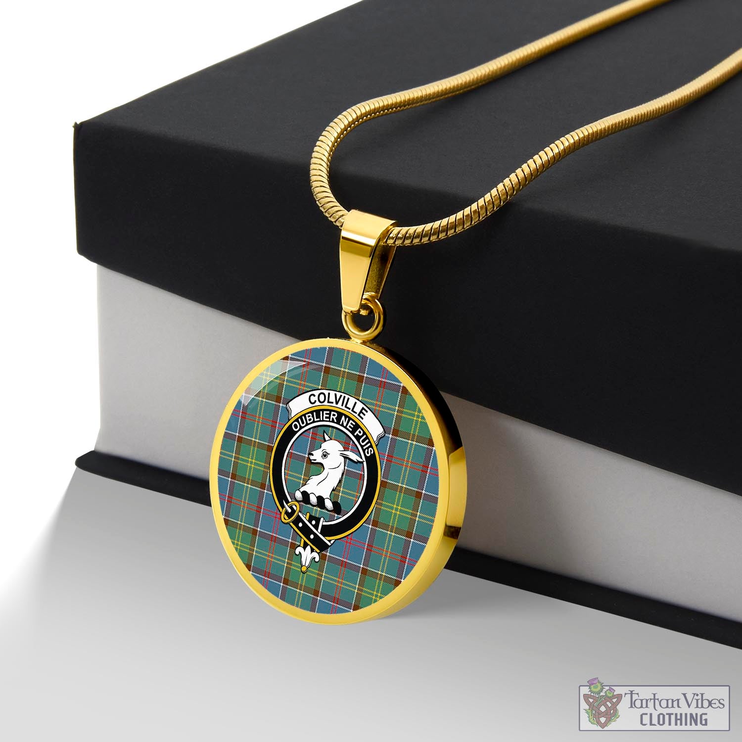 Tartan Vibes Clothing Colville Tartan Circle Necklace with Family Crest