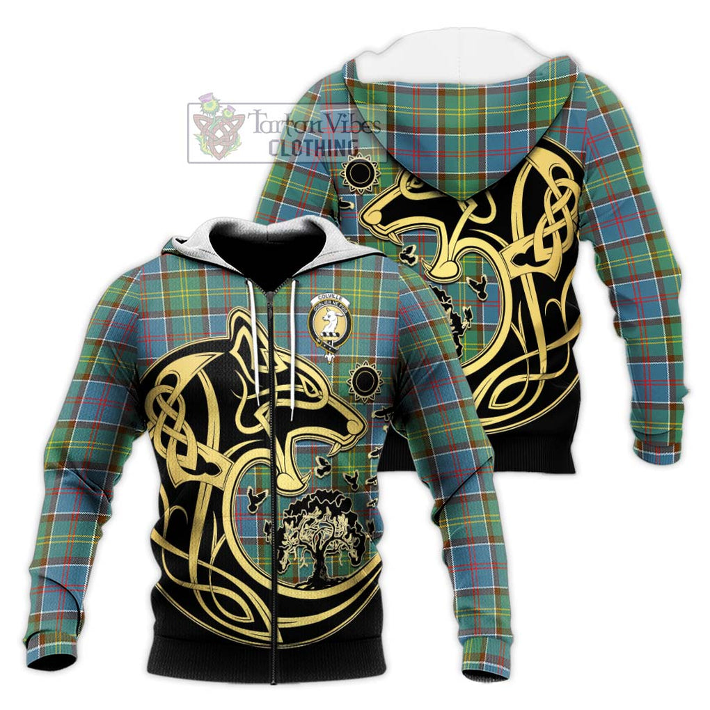 Colville Tartan Knitted Hoodie with Family Crest Celtic Wolf Style Unisex Knitted Zip Hoodie - Tartan Vibes Clothing