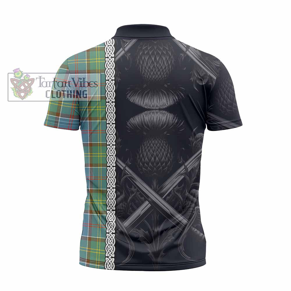 Tartan Vibes Clothing Colville Tartan Zipper Polo Shirt with Family Crest Cross Sword Thistle Celtic Vibes