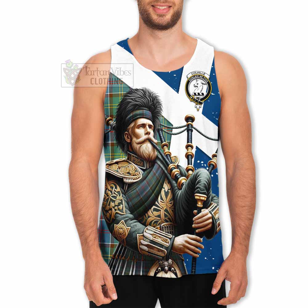 Colville Tartan Men's Tank Top with Family Crest Scottish Bagpiper Vibes