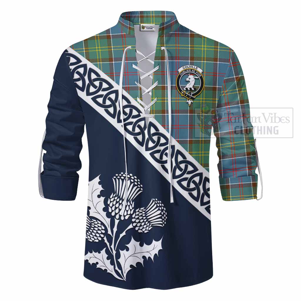 Tartan Vibes Clothing Colville Tartan Ghillie Kilt Shirt Featuring Thistle and Scotland Map