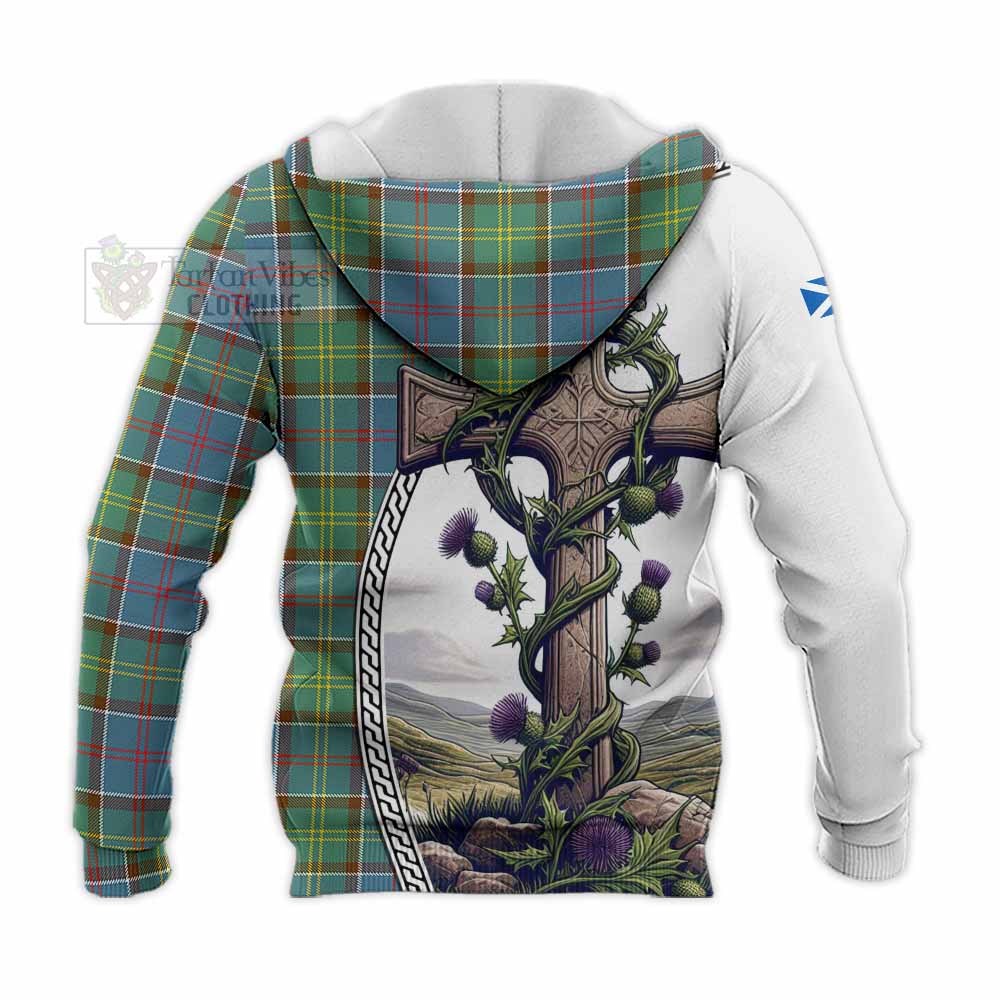 Tartan Vibes Clothing Colville Tartan Knitted Hoodie with Family Crest and St. Andrew's Cross Accented by Thistle Vines