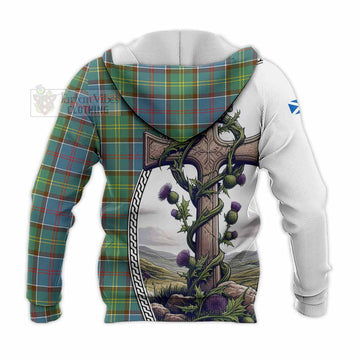 Colville Tartan Knitted Hoodie with Family Crest and St. Andrew's Cross Accented by Thistle Vines