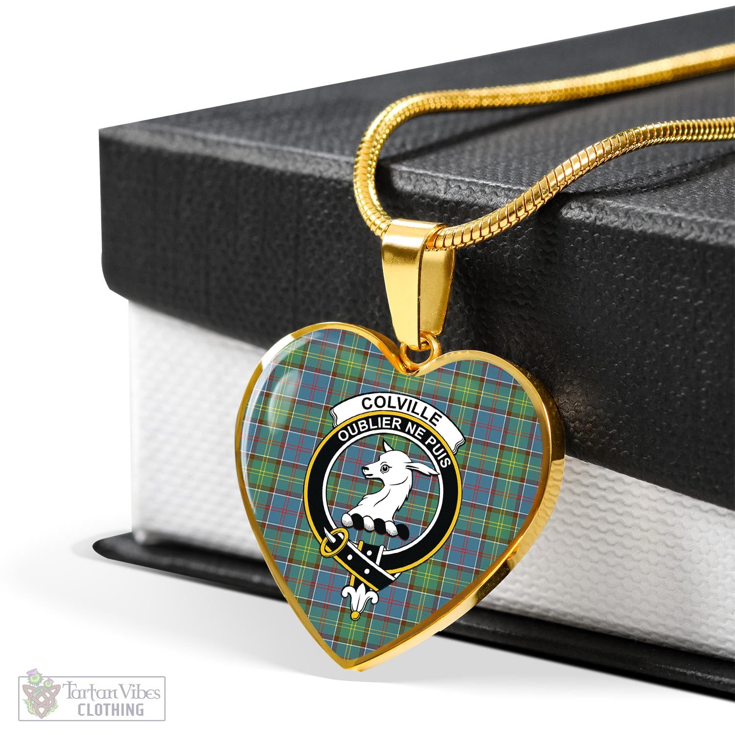 Tartan Vibes Clothing Colville Tartan Heart Necklace with Family Crest