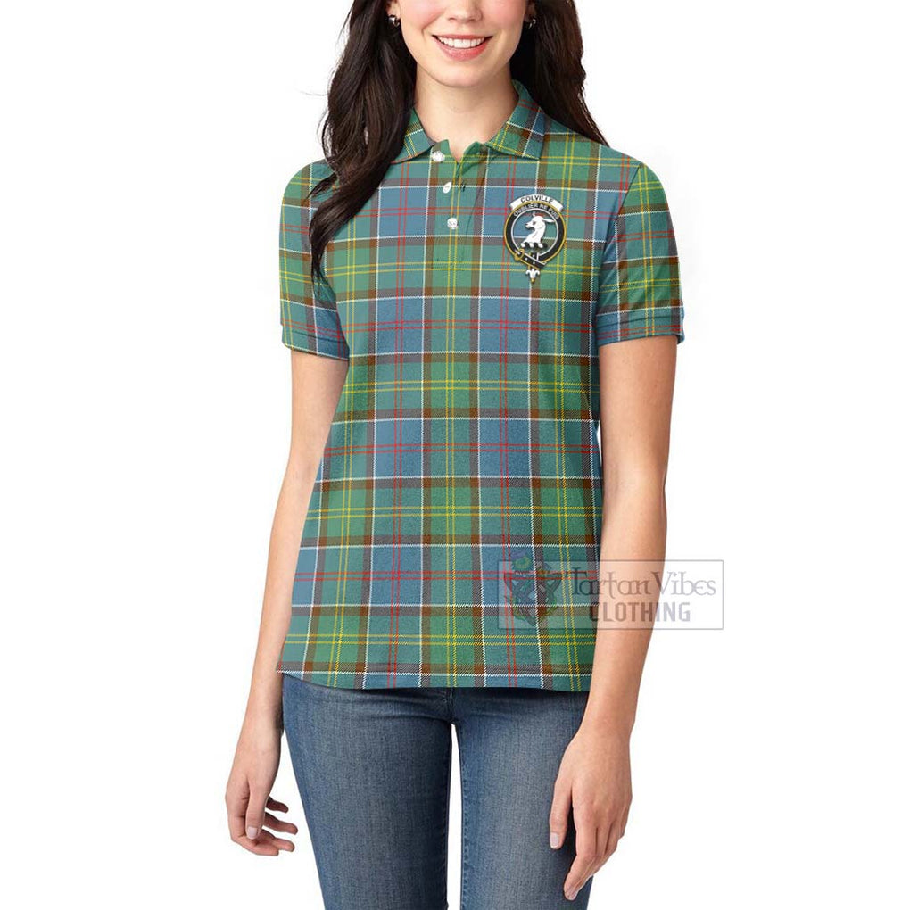 Tartan Vibes Clothing Colville Tartan Women's Polo Shirt with Family Crest and Bearded Skull Holding Bottles of Whiskey