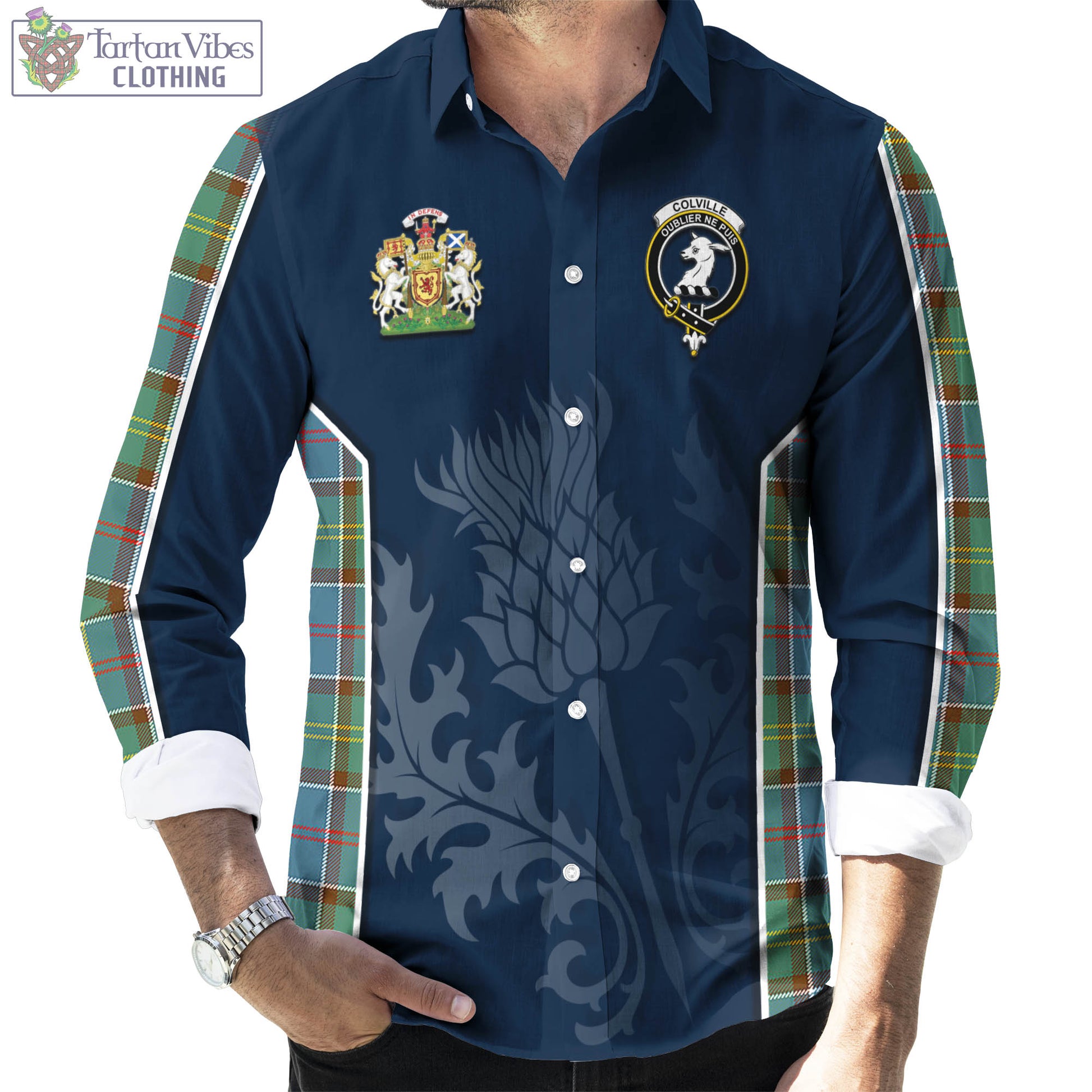 Tartan Vibes Clothing Colville Tartan Long Sleeve Button Up Shirt with Family Crest and Scottish Thistle Vibes Sport Style