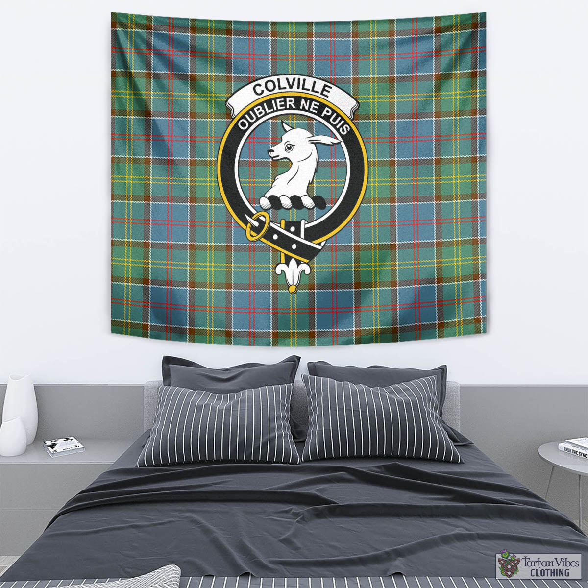 Tartan Vibes Clothing Colville Tartan Tapestry Wall Hanging and Home Decor for Room with Family Crest