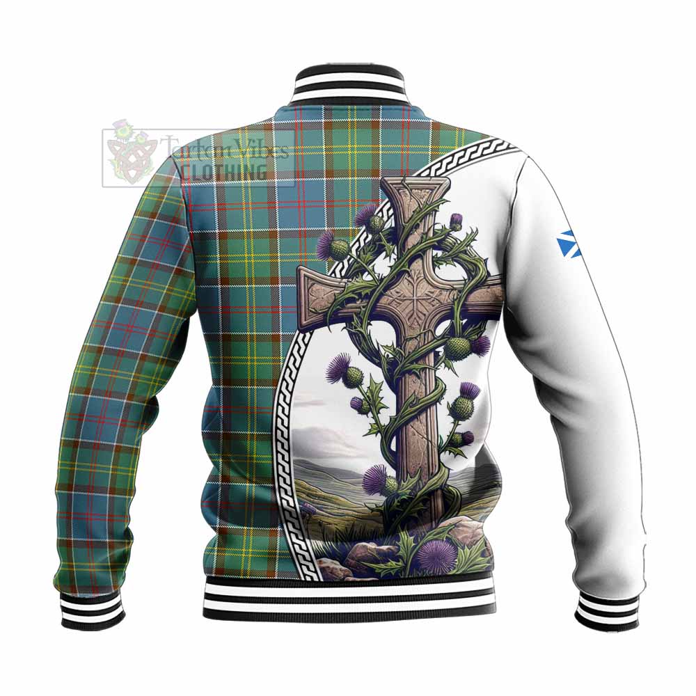 Tartan Vibes Clothing Colville Tartan Baseball Jacket with Family Crest and St. Andrew's Cross Accented by Thistle Vines