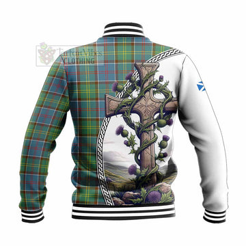 Colville Tartan Baseball Jacket with Family Crest and St. Andrew's Cross Accented by Thistle Vines