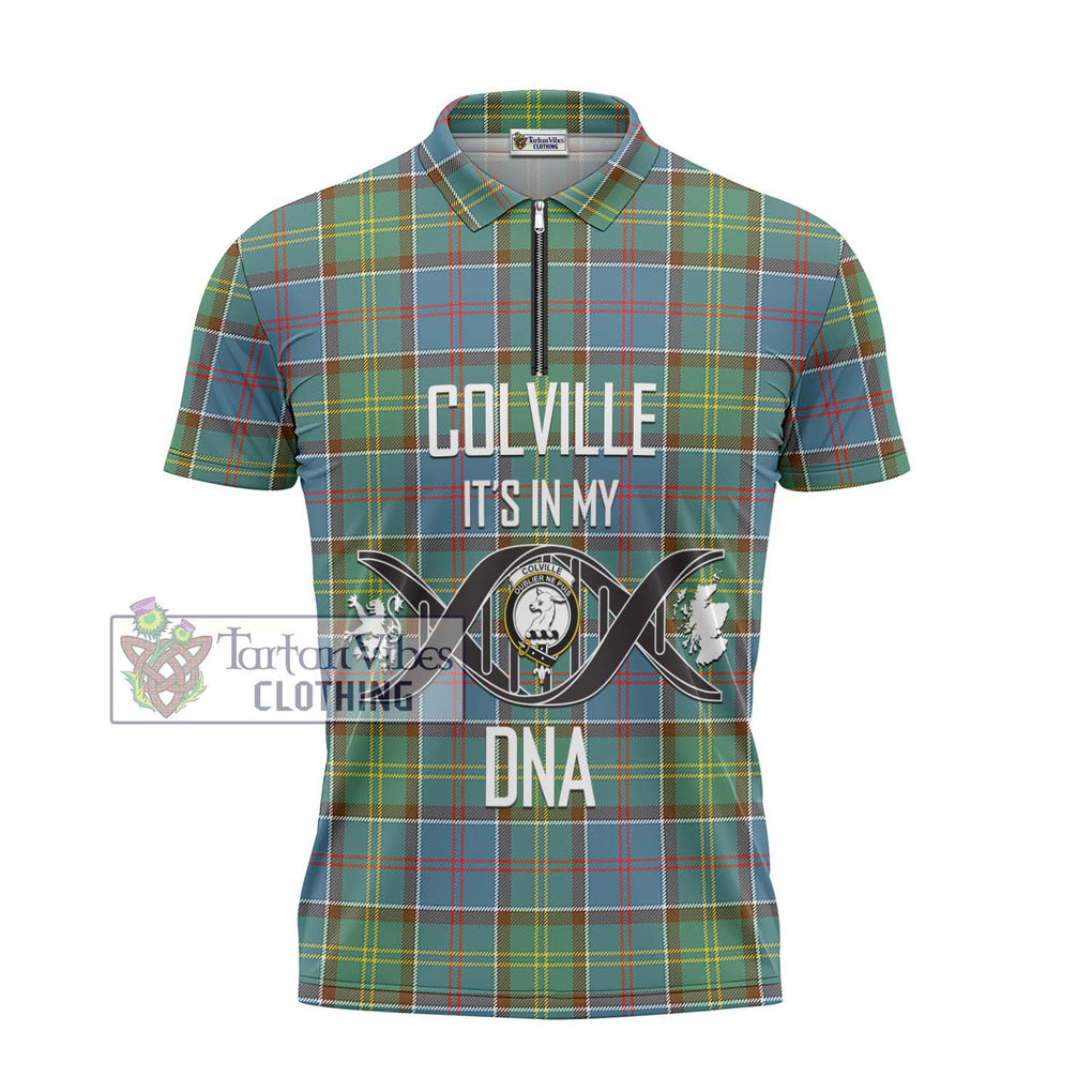 Colville Tartan Zipper Polo Shirt with Family Crest DNA In Me Style - Tartanvibesclothing Shop