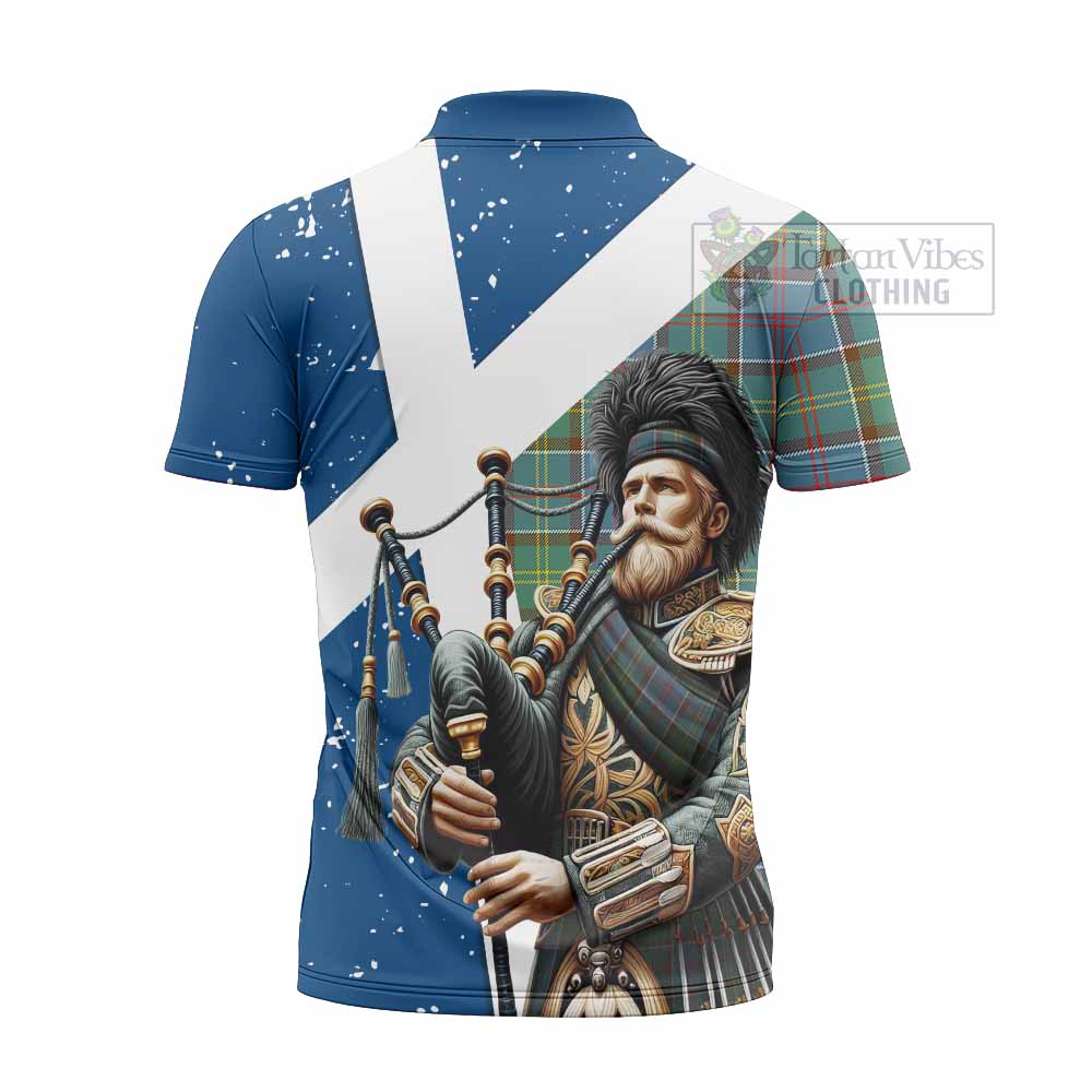 Tartan Vibes Clothing Colville Tartan Zipper Polo Shirt with Family Crest Scottish Bagpiper Vibes