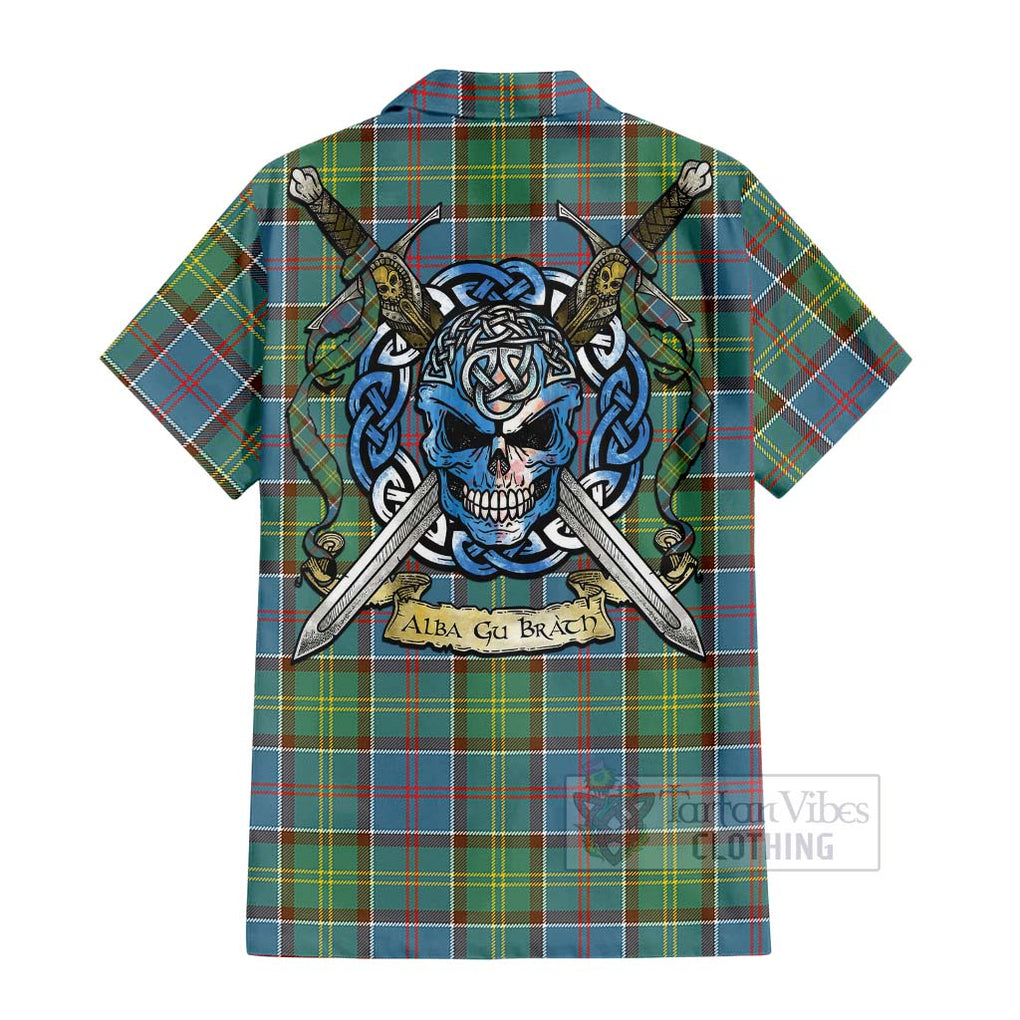 Tartan Vibes Clothing Colville Tartan Short Sleeve Button Shirt with Family Crest Celtic Skull Style