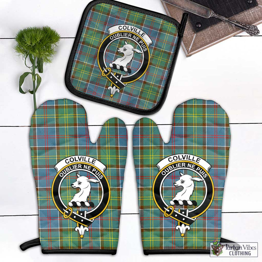 Colville Tartan Combo Oven Mitt & Pot-Holder with Family Crest Combo 1 Oven Mitt & 1 Pot-Holder Black - Tartan Vibes Clothing