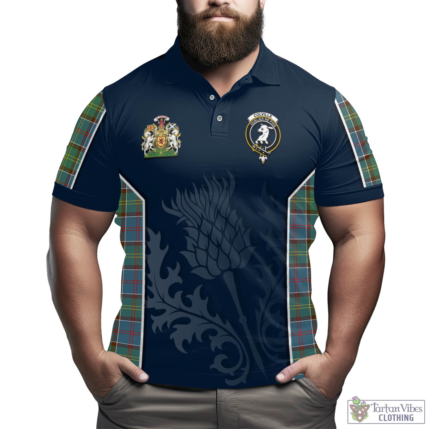 Tartan Vibes Clothing Colville Tartan Men's Polo Shirt with Family Crest and Scottish Thistle Vibes Sport Style