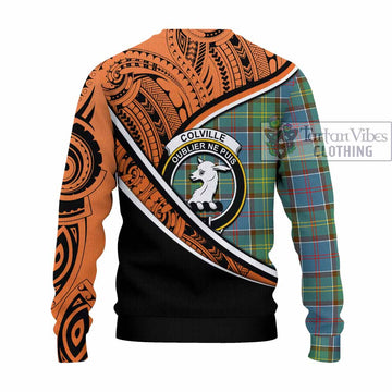 Colville Crest Tartan Knitted Sweater with Polynesian Vibes Style - Orange Version