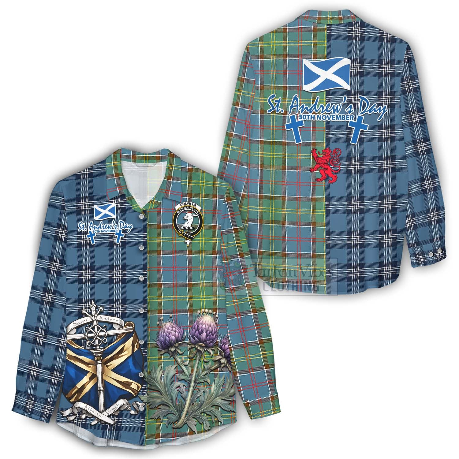 Tartan Vibes Clothing Colville Tartan Women's Casual Shirt Happy St. Andrew's Day Half Tartan Style