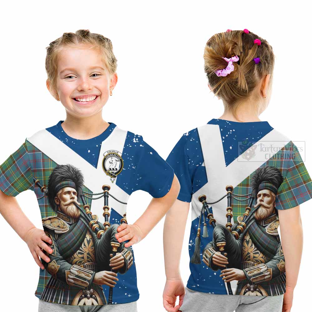 Tartan Vibes Clothing Colville Tartan Kid T-Shirt with Family Crest Scottish Bagpiper Vibes