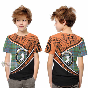 Colville Crest Tartan Kid T-Shirt with Polynesian Vibes Style - Orange Version