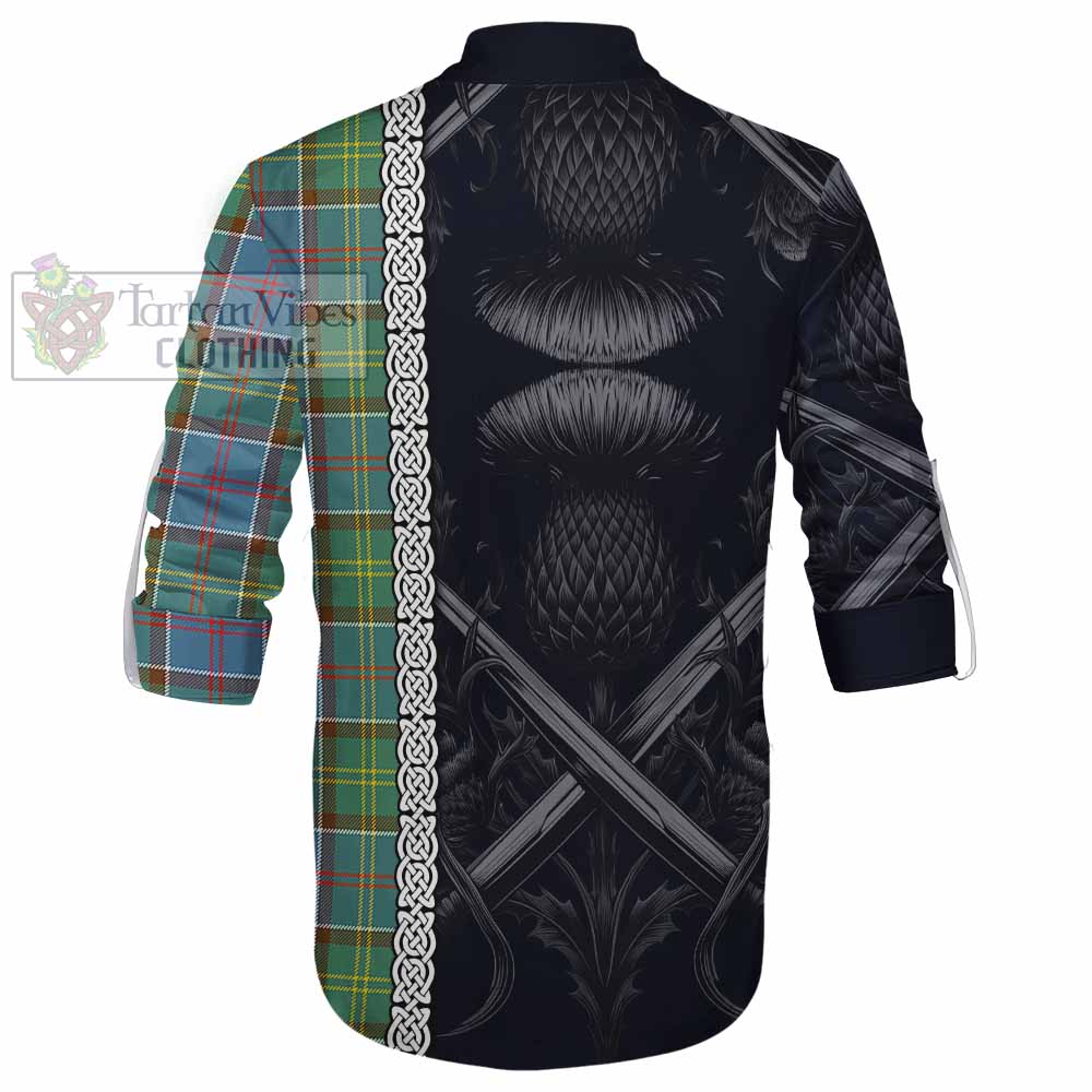 Tartan Vibes Clothing Colville Tartan Ghillie Kilt Shirt with Family Crest Cross Sword Thistle Celtic Vibes