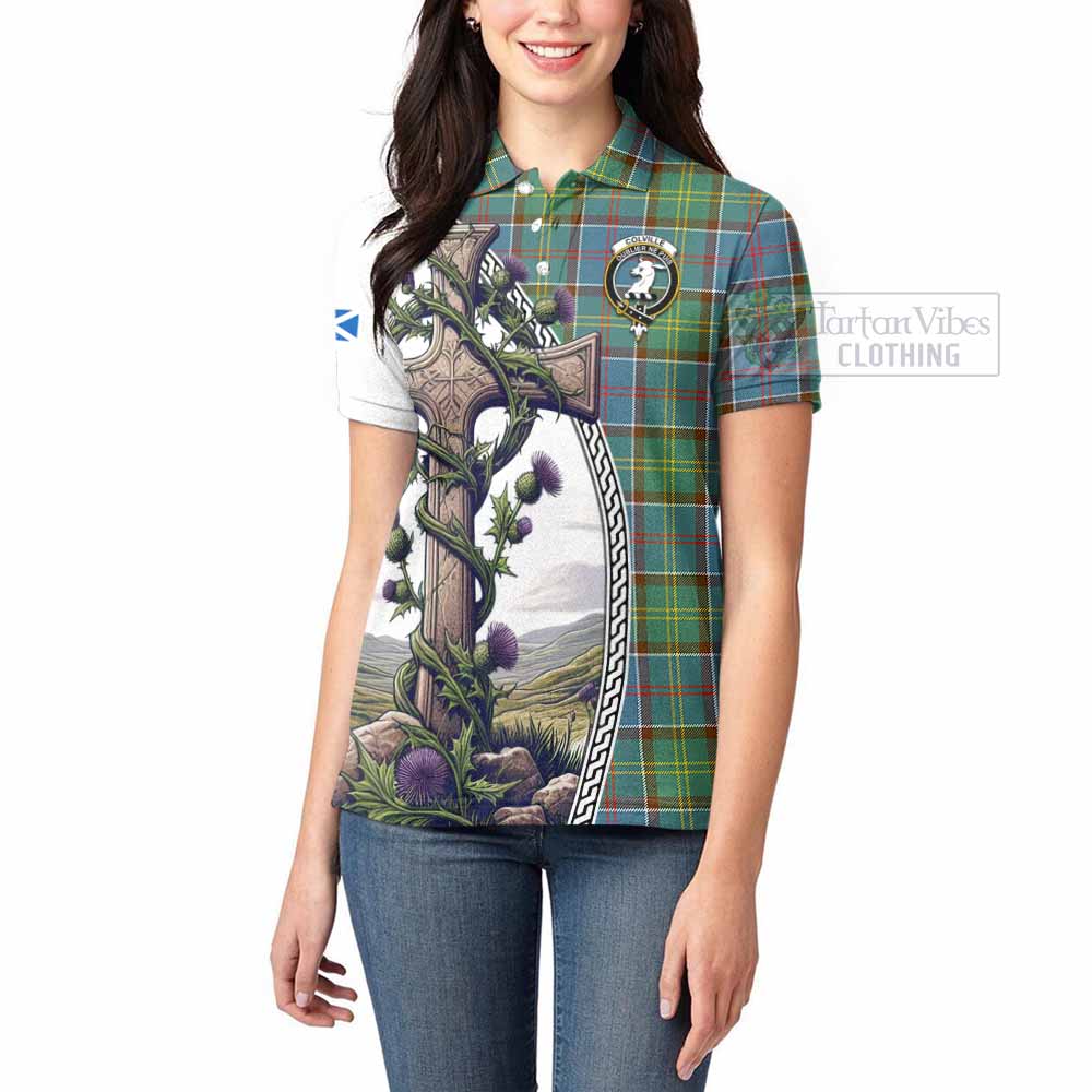 Tartan Vibes Clothing Colville Tartan Women's Polo Shirt with Family Crest and St. Andrew's Cross Accented by Thistle Vines