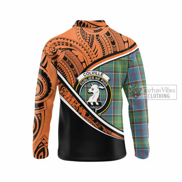 Colville Crest Tartan Long Sleeve Polo Shirt with Polynesian Vibes Style - Orange Version