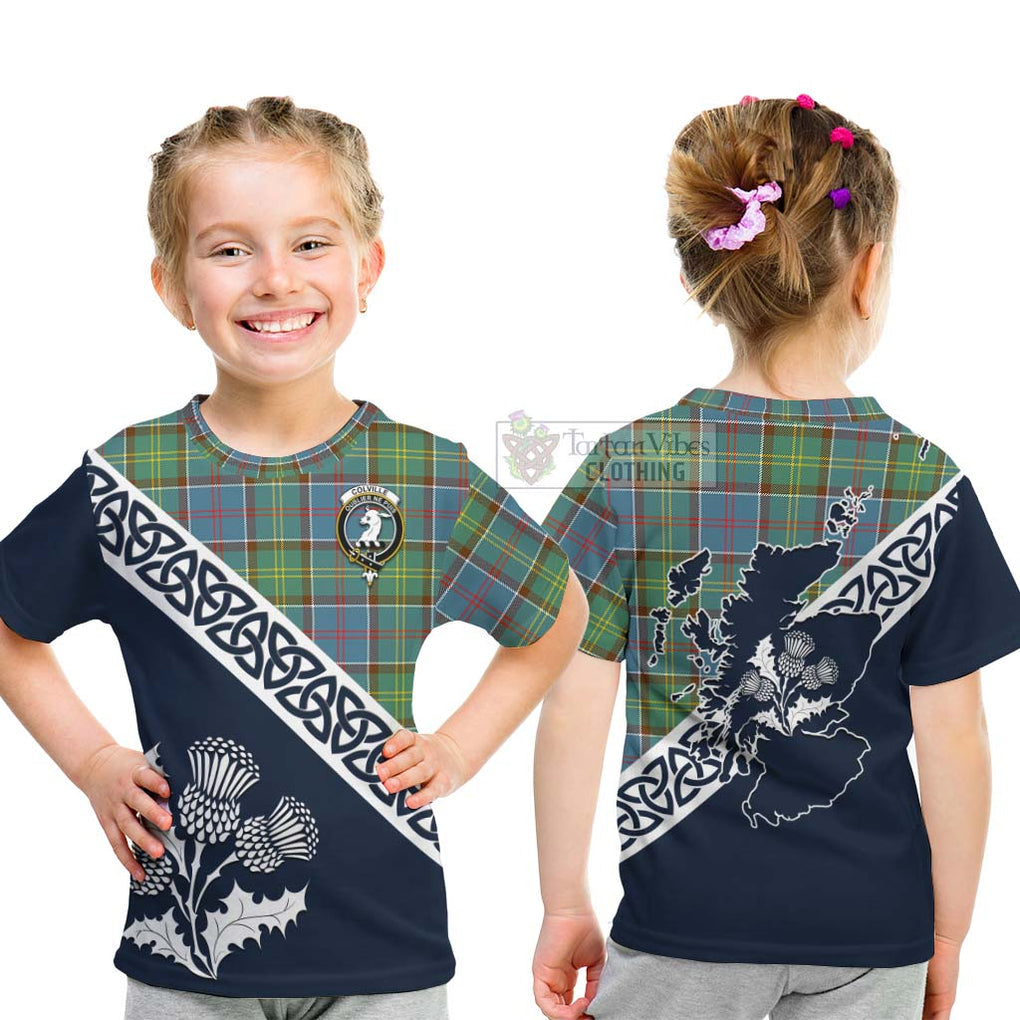 Tartan Vibes Clothing Colville Tartan Kid T-Shirt Featuring Thistle and Scotland Map