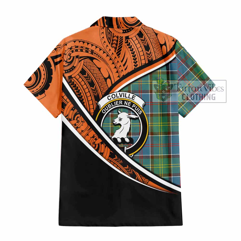 Tartan Vibes Clothing Colville Crest Tartan Short Sleeve Button Shirt with Maori Tattoo Style - Orange Version