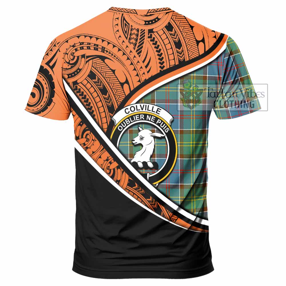 Tartan Vibes Clothing Colville Crest Tartan T-Shirt with Maori Tattoo Style - Orange Version