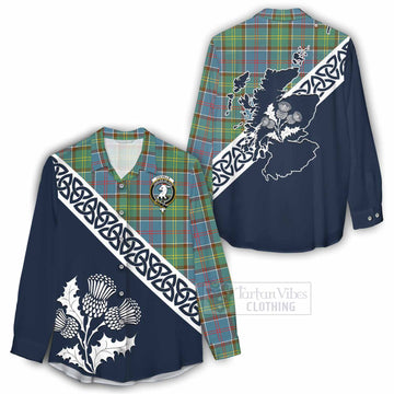 Colville Tartan Women's Casual Shirt Featuring Thistle and Scotland Map