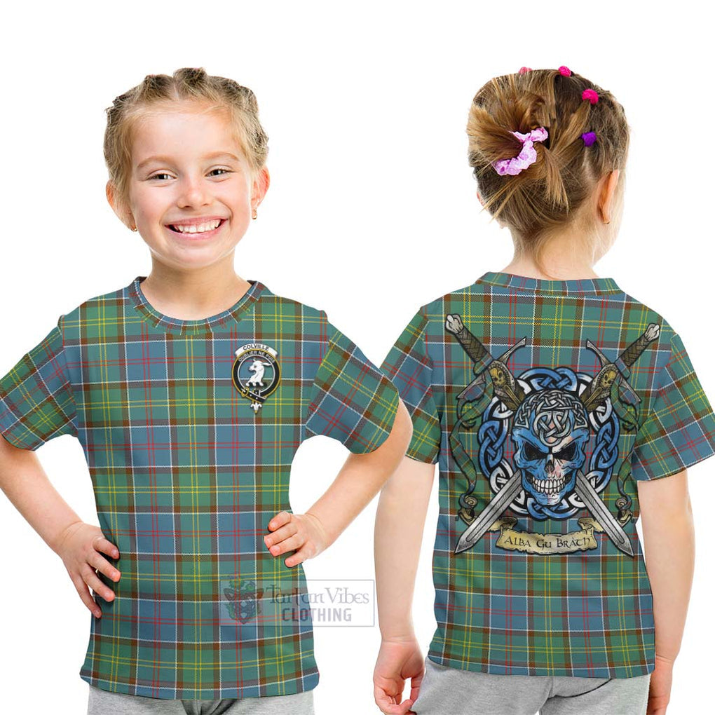 Tartan Vibes Clothing Colville Tartan Kid T-Shirt with Family Crest Celtic Skull Style