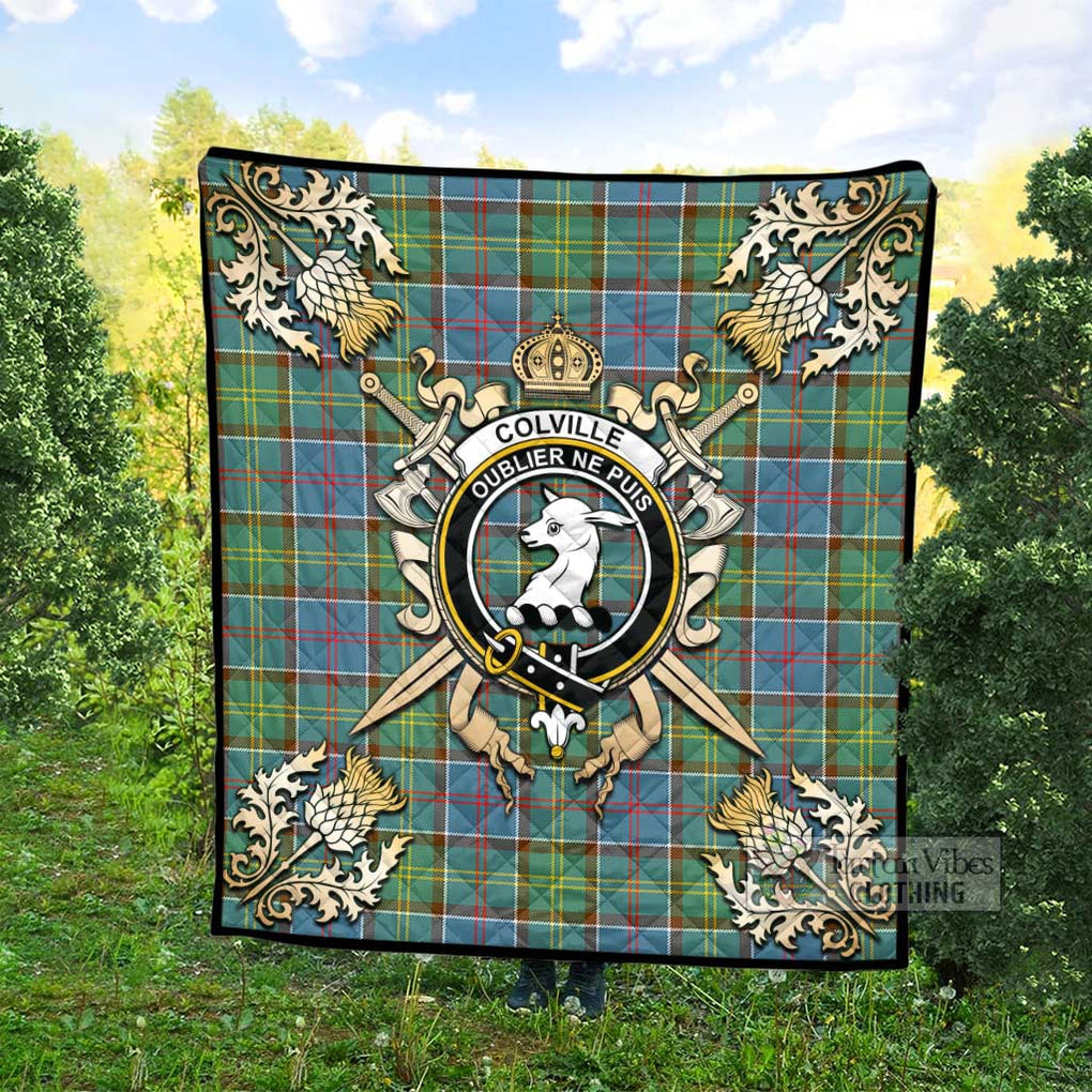 Tartan Vibes Clothing Colville Tartan Quilt with Family Crest and Scottish Golden Courage Shield