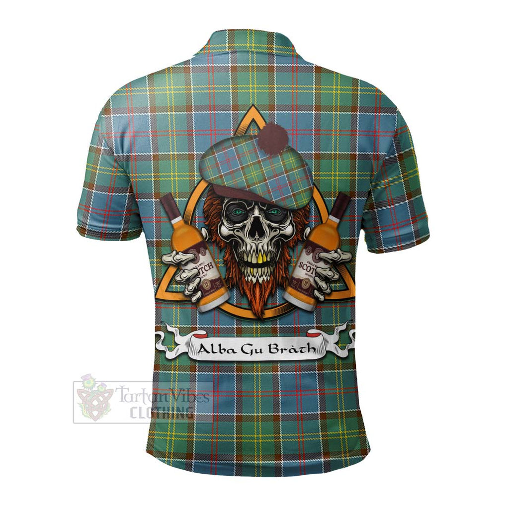 Tartan Vibes Clothing Colville Tartan Polo Shirt with Family Crest and Bearded Skull Holding Bottles of Whiskey