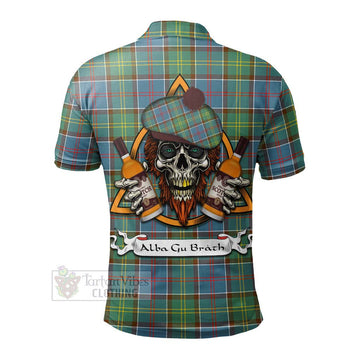 Colville Tartan Polo Shirt with Family Crest and Bearded Skull Holding Bottles of Whiskey