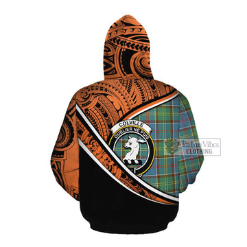 Colville Crest Tartan Cotton Hoodie with Polynesian Vibes Style - Orange Version