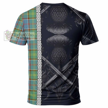 Colville Tartan T-Shirt with Family Crest Cross Sword Thistle Celtic Vibes