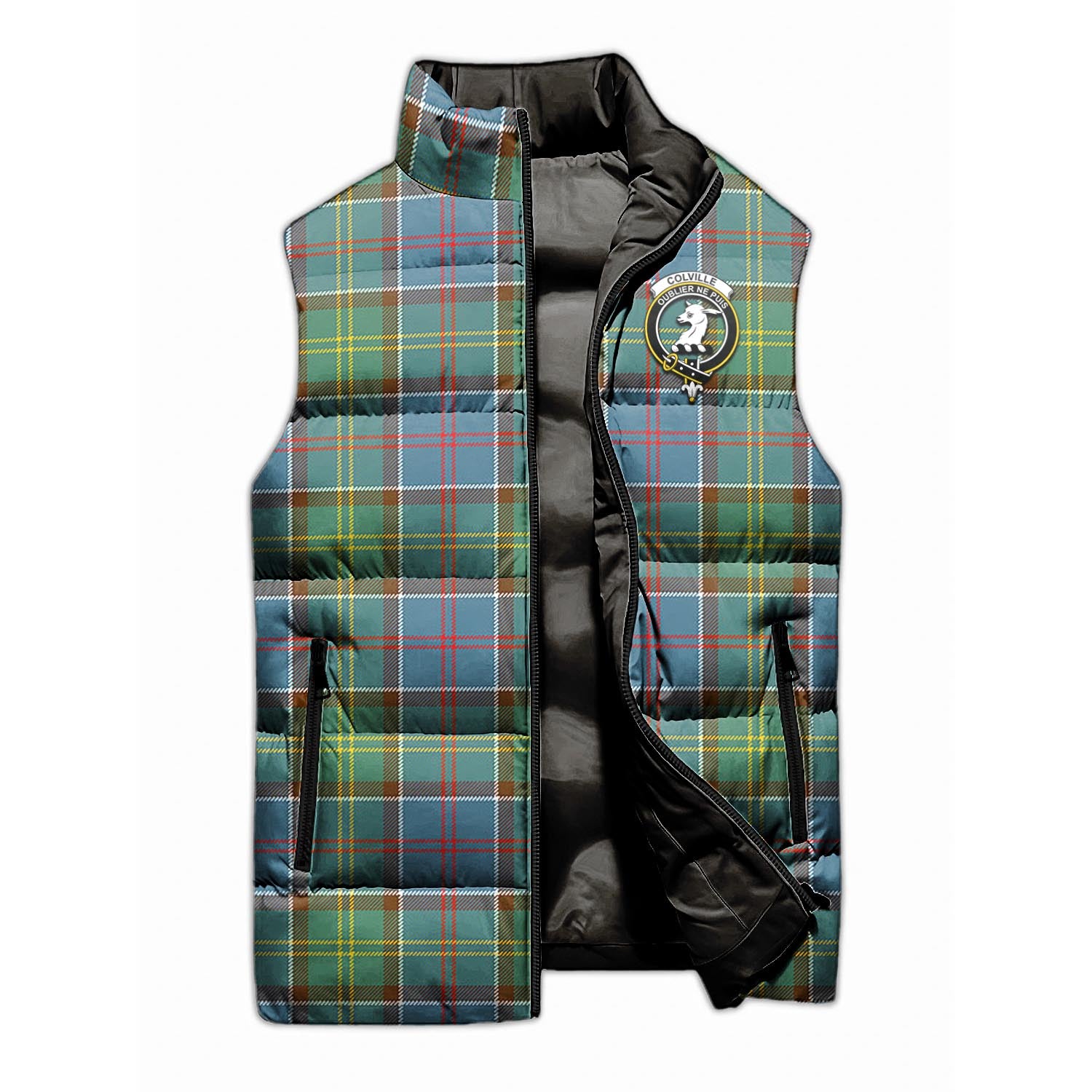 Colville Tartan Sleeveless Puffer Jacket with Family Crest - Tartanvibesclothing