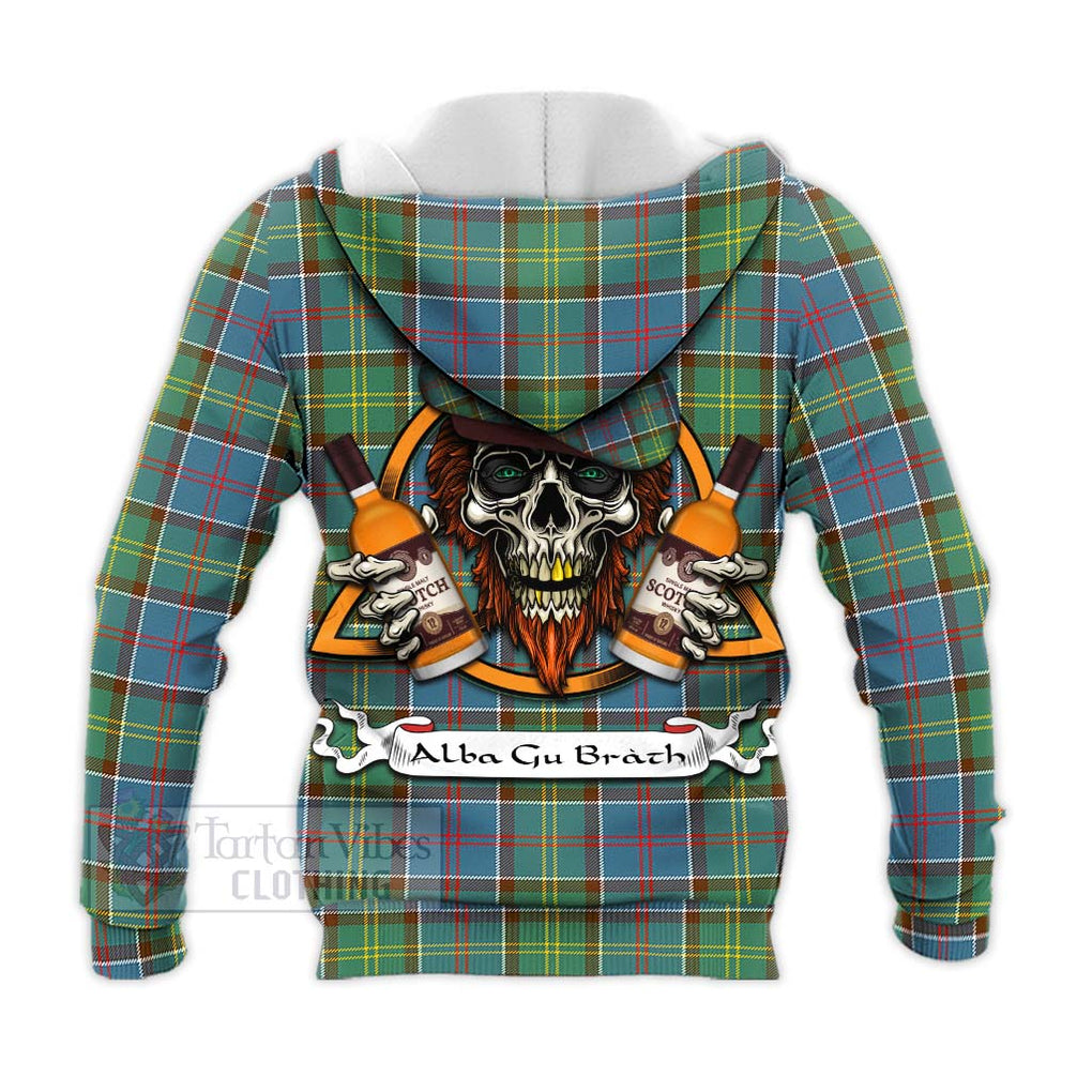 Tartan Vibes Clothing Colville Tartan Knitted Hoodie with Family Crest and Bearded Skull Holding Bottles of Whiskey