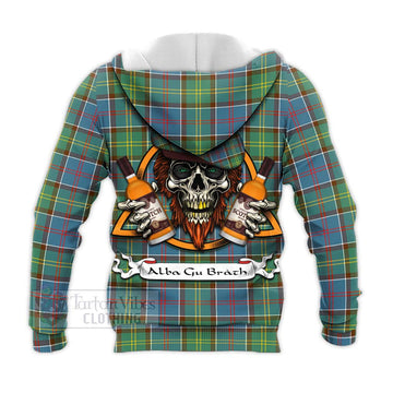 Colville Tartan Knitted Hoodie with Family Crest and Bearded Skull Holding Bottles of Whiskey