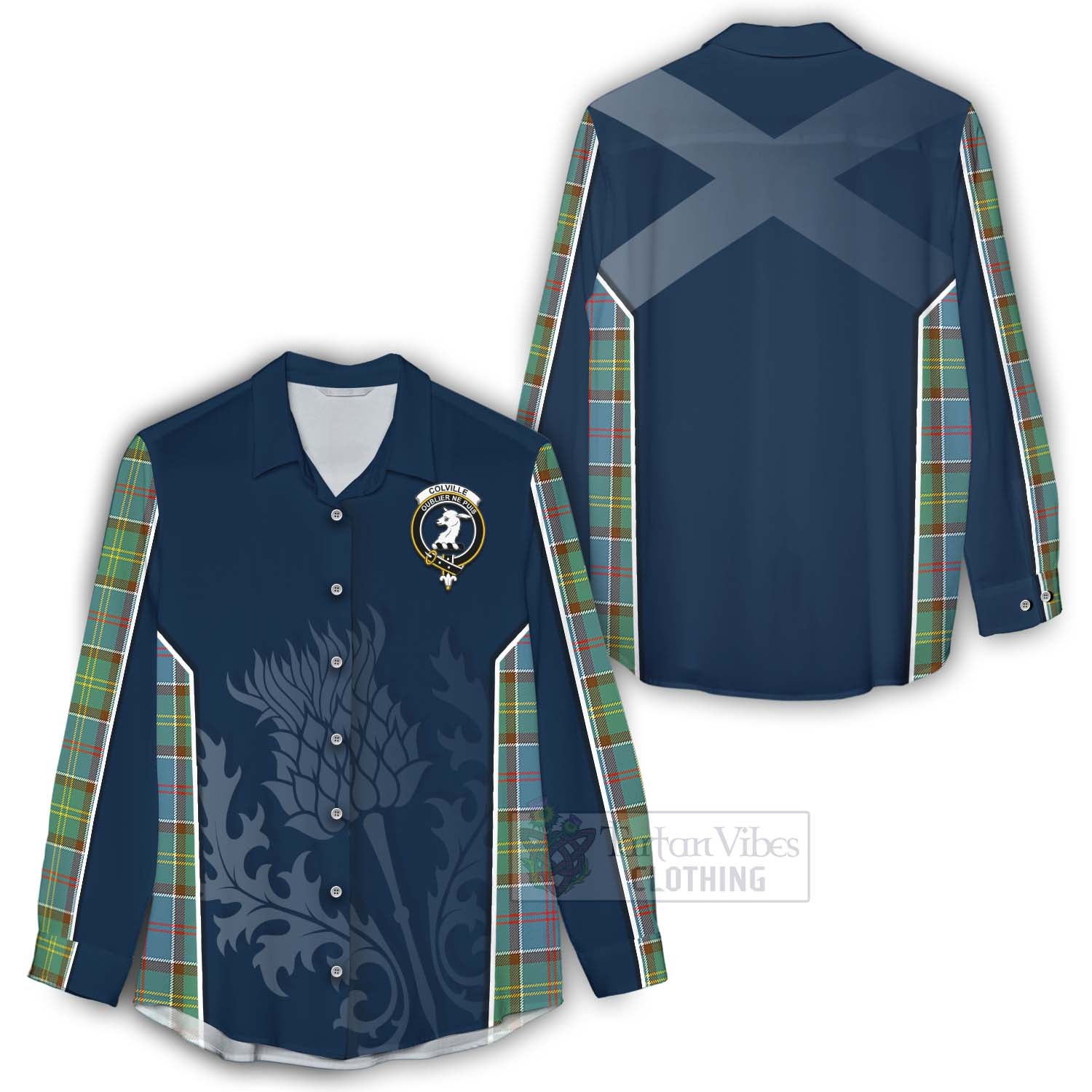 Tartan Vibes Clothing Colville Tartan Women's Casual Shirt with Family Crest and Scottish Thistle Vibes Sport Style