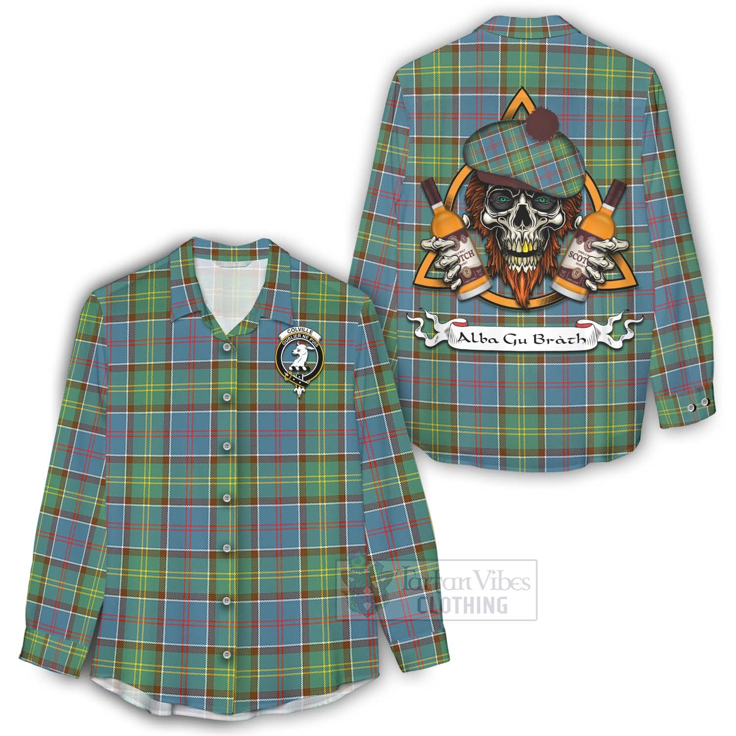 Tartan Vibes Clothing Colville Tartan Women's Casual Shirt with Family Crest and Bearded Skull Holding Bottles of Whiskey